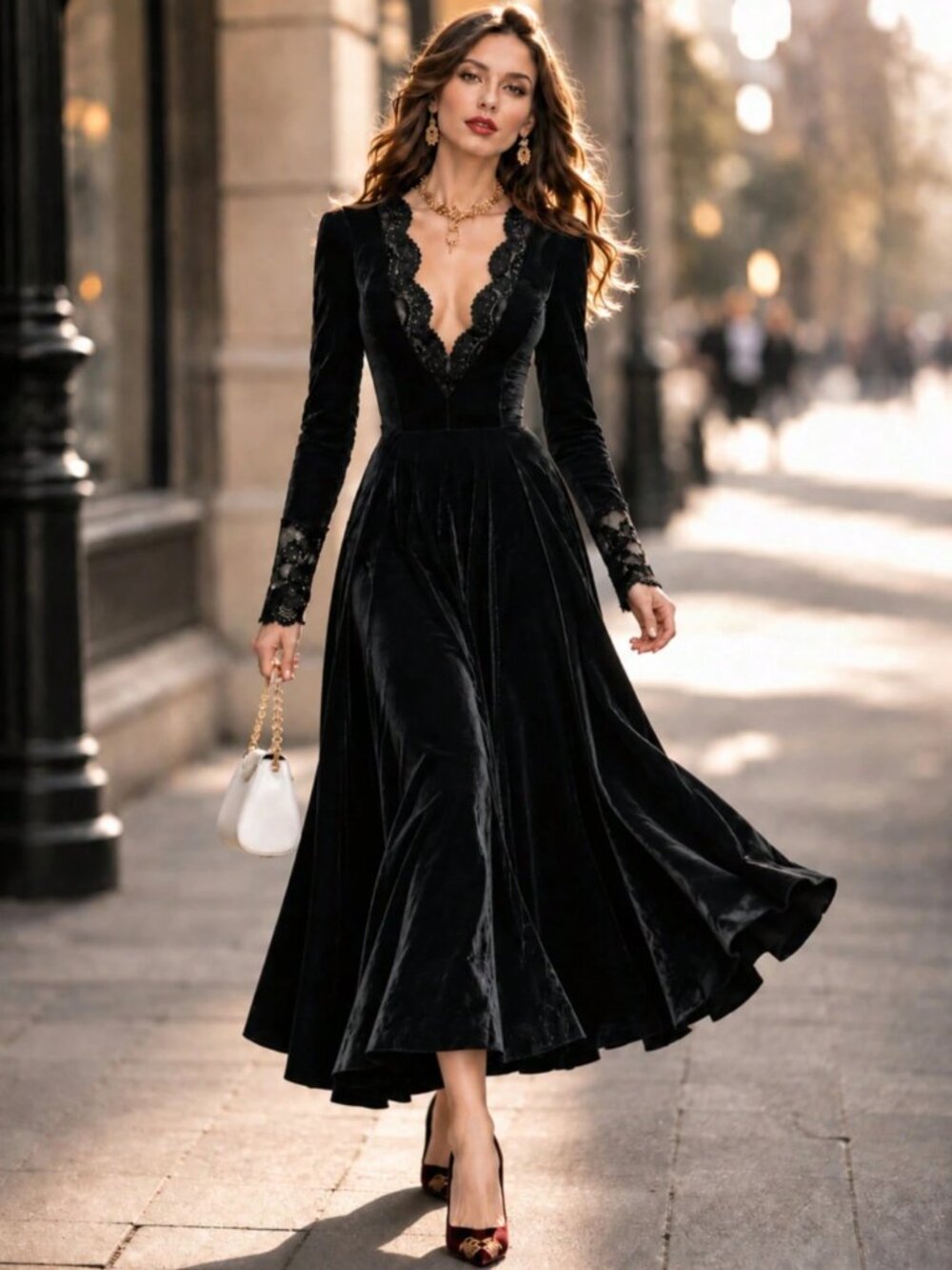 Black Velvet Midi Dress – Plunging Scalloped Lace V-Neck Long Sleeve - Picture 2 of 6